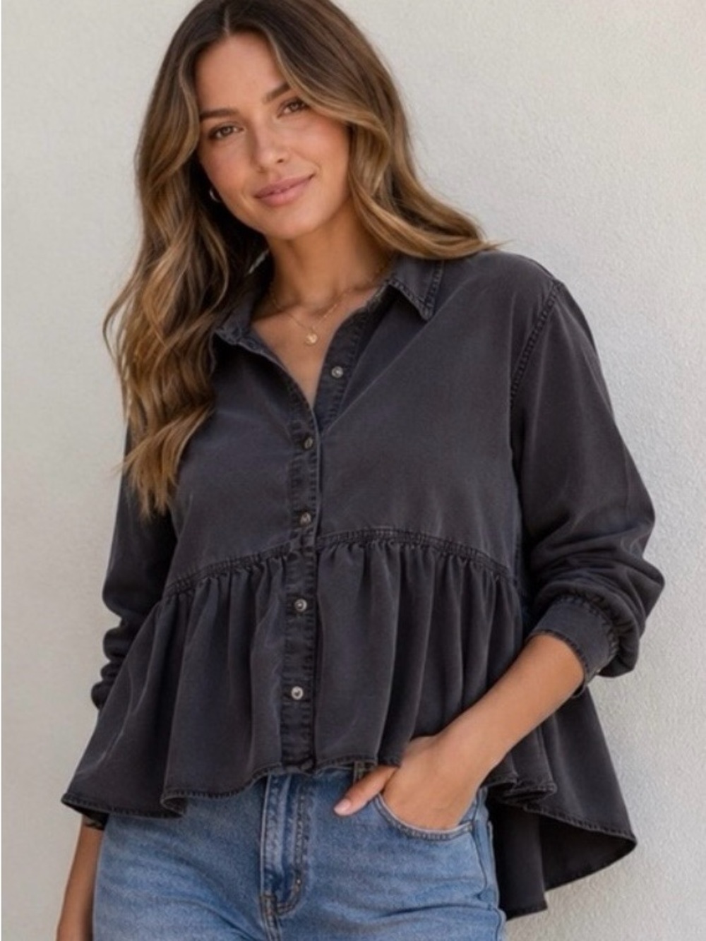 Liverpool Peplum Button-Up Shirt, Dark Gray